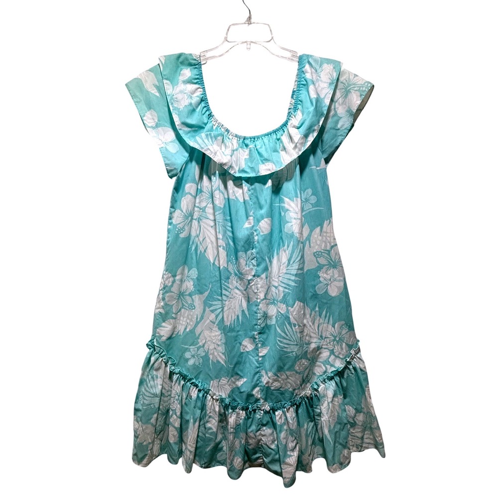 VTG 80/90s Kole Kole Hawaiian Aloha Muu Muu Ruffle Dress Aqua Monstera Women's S - Picture 15 of 16